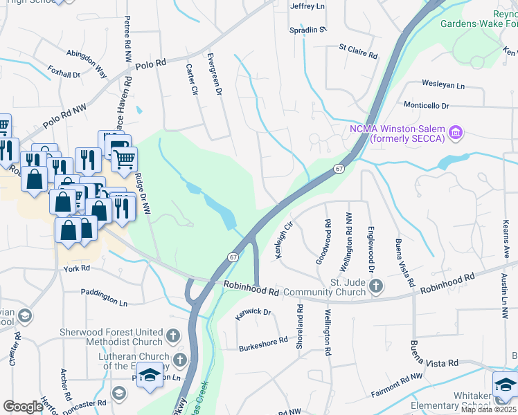 map of restaurants, bars, coffee shops, grocery stores, and more near 1100 Partridge Lane in Winston-Salem