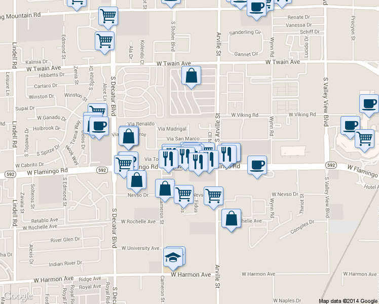 map of restaurants, bars, coffee shops, grocery stores, and more near 4515 Vía San Rafael in Las Vegas
