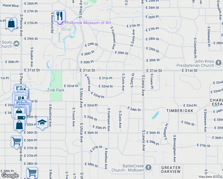 map of restaurants, bars, coffee shops, grocery stores, and more near 2121 East 32nd Street in Tulsa