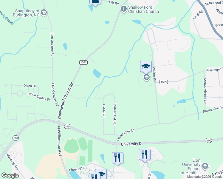 map of restaurants, bars, coffee shops, grocery stores, and more near 744 Spanish Oak Road in Elon
