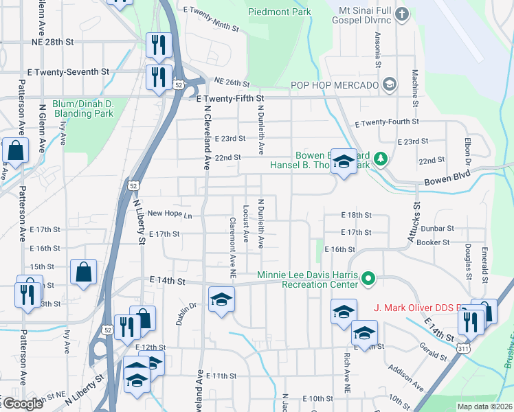 map of restaurants, bars, coffee shops, grocery stores, and more near 1424 Bethlehem Lane in Winston-Salem