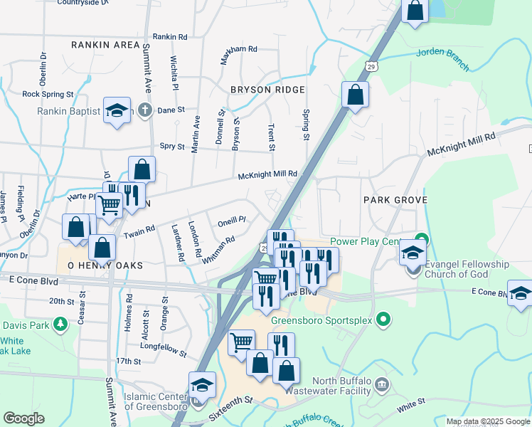 map of restaurants, bars, coffee shops, grocery stores, and more near 2035 Twain Road in Greensboro