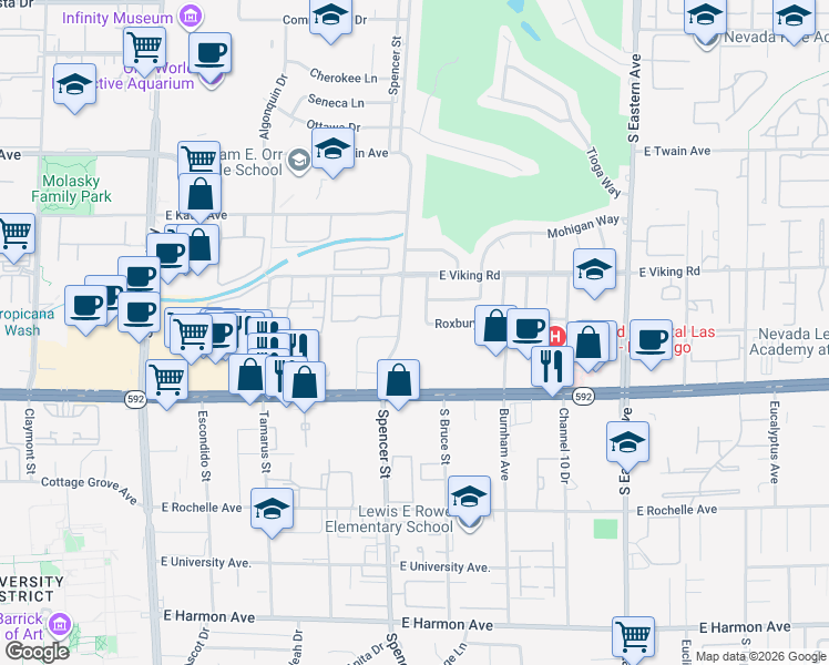map of restaurants, bars, coffee shops, grocery stores, and more near 3937 Spencer Street in Las Vegas