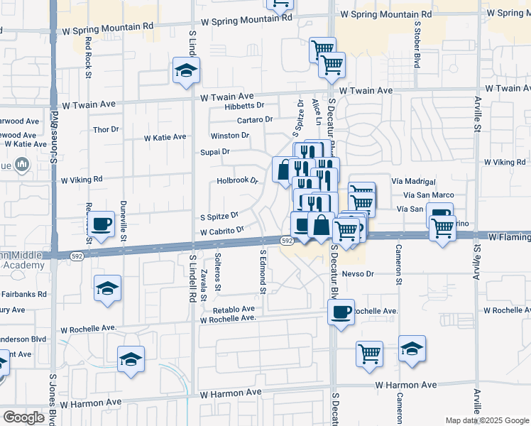 map of restaurants, bars, coffee shops, grocery stores, and more near 4025 Tirana Way in Las Vegas