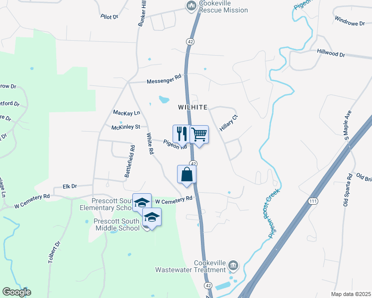 map of restaurants, bars, coffee shops, grocery stores, and more near 1651 State Highway 42 in Cookeville