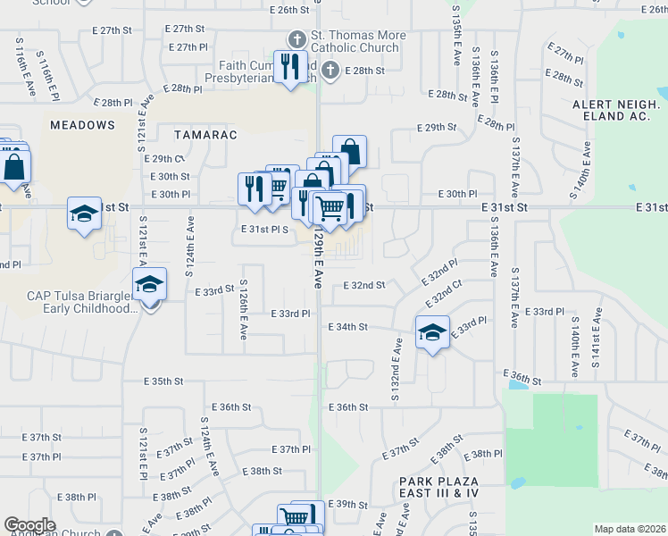 map of restaurants, bars, coffee shops, grocery stores, and more near 3181 South 129th East Avenue in Tulsa