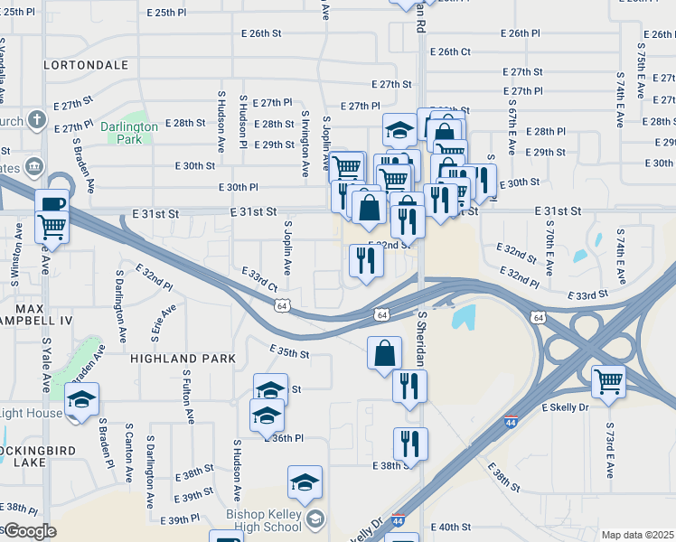 map of restaurants, bars, coffee shops, grocery stores, and more near 3224 South Lakewood Avenue in Tulsa