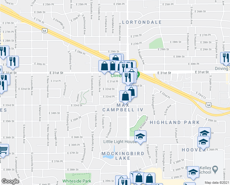 map of restaurants, bars, coffee shops, grocery stores, and more near 3210 South Yale Avenue in Tulsa