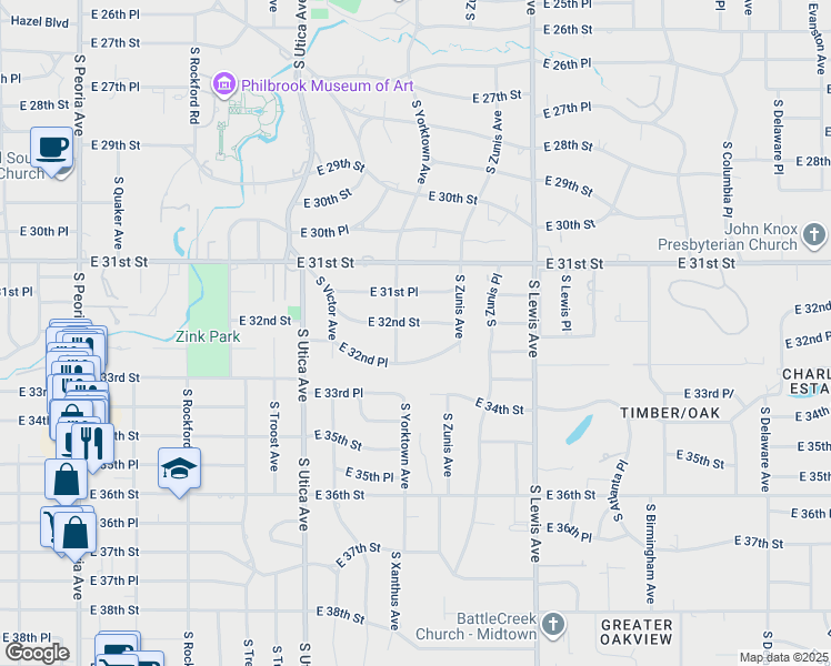 map of restaurants, bars, coffee shops, grocery stores, and more near 2121 East 32nd Street in Tulsa