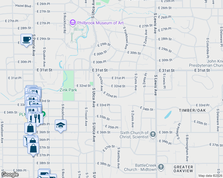 map of restaurants, bars, coffee shops, grocery stores, and more near 1841 East 32nd Street in Tulsa