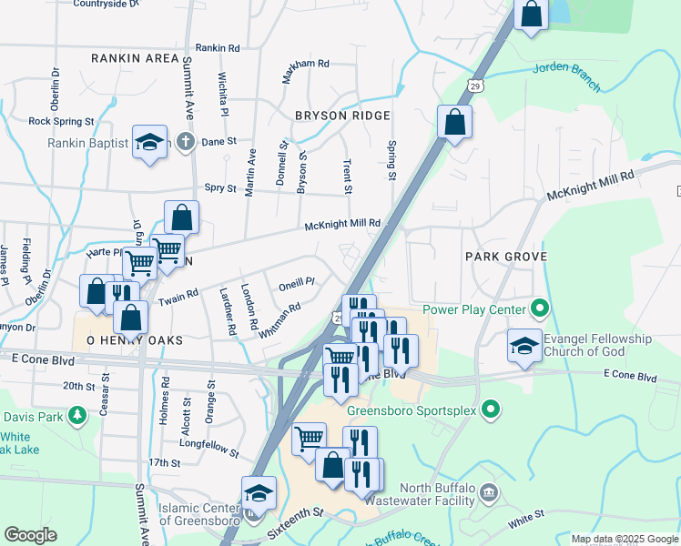 map of restaurants, bars, coffee shops, grocery stores, and more near 2035 Twain Road in Greensboro