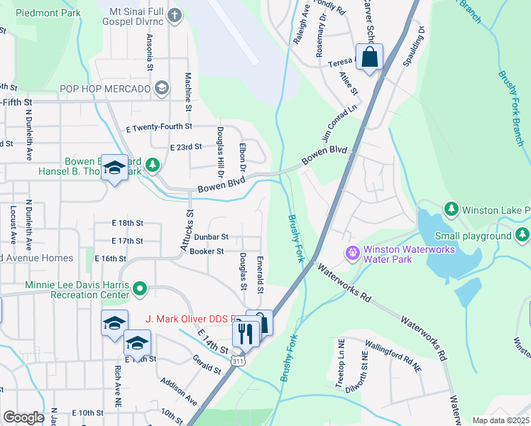 map of restaurants, bars, coffee shops, grocery stores, and more near 1633 Emerald Street in Winston-Salem
