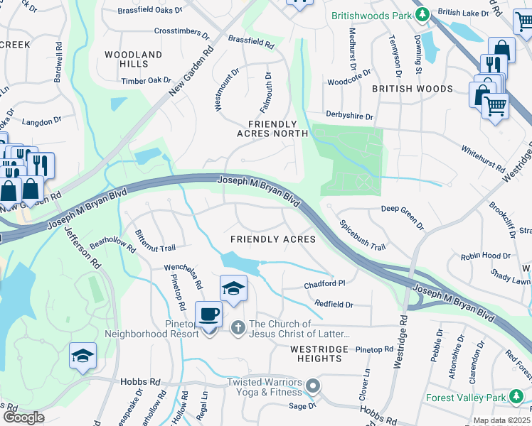 map of restaurants, bars, coffee shops, grocery stores, and more near 3805 Friendly Acres Drive in Greensboro