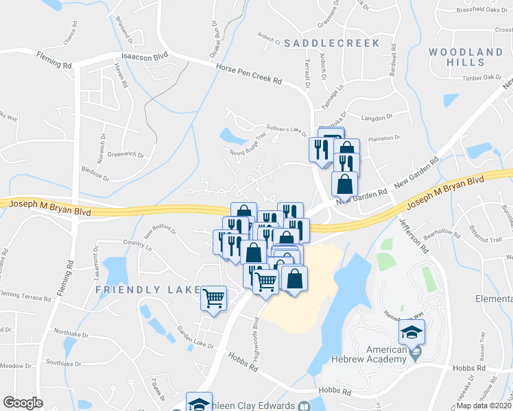 map of restaurants, bars, coffee shops, grocery stores, and more near 4302 Carly's Way in Greensboro