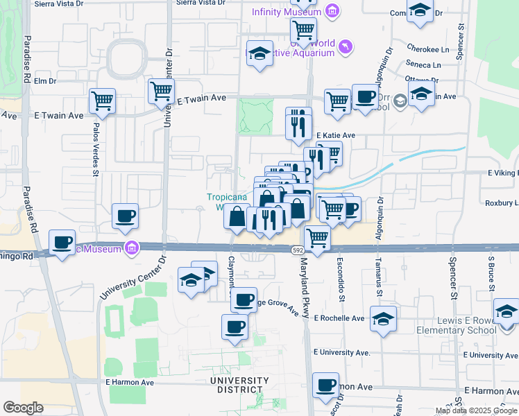 map of restaurants, bars, coffee shops, grocery stores, and more near 1050 East Flamingo Road in Las Vegas