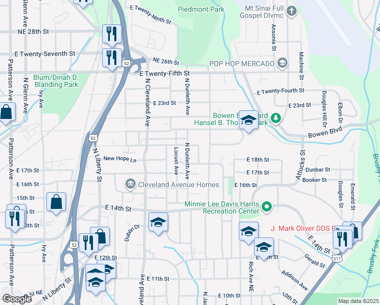map of restaurants, bars, coffee shops, grocery stores, and more near 1821 North Dunleith Avenue in Winston-Salem