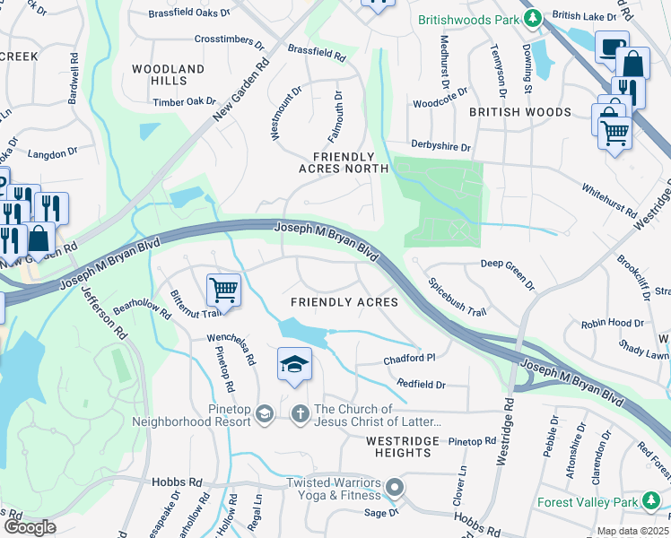 map of restaurants, bars, coffee shops, grocery stores, and more near 3805 Friendly Acres Drive in Greensboro