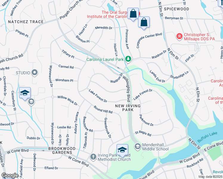 map of restaurants, bars, coffee shops, grocery stores, and more near 3012 Redford Drive in Greensboro