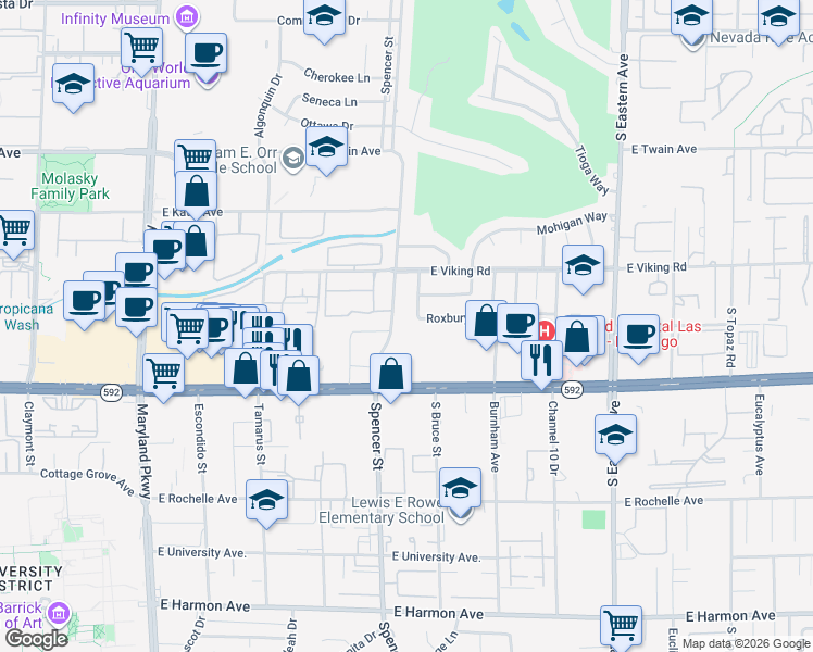 map of restaurants, bars, coffee shops, grocery stores, and more near 3970 Spencer Street in Las Vegas