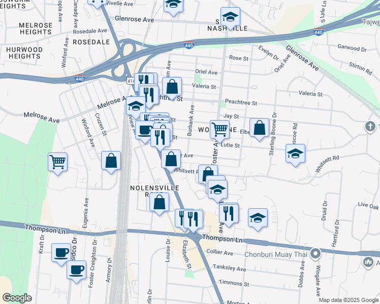 map of restaurants, bars, coffee shops, grocery stores, and more near 214 Joyner Avenue in Nashville