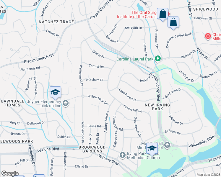 map of restaurants, bars, coffee shops, grocery stores, and more near 3305 Round Hill Road in Greensboro