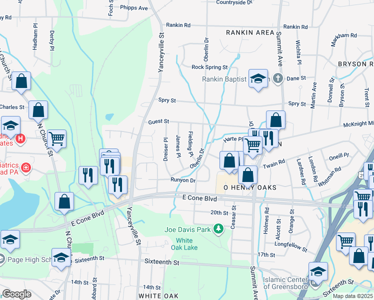 map of restaurants, bars, coffee shops, grocery stores, and more near 3211 Fielding Place in Greensboro