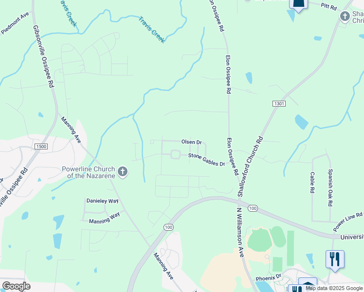 map of restaurants, bars, coffee shops, grocery stores, and more near 1275 Stone Gables Drive in Elon