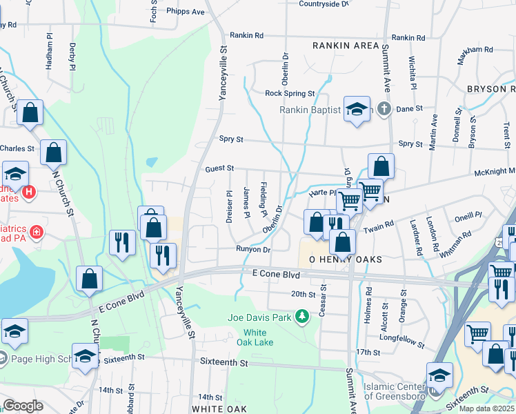 map of restaurants, bars, coffee shops, grocery stores, and more near 3211 Fielding Place in Greensboro