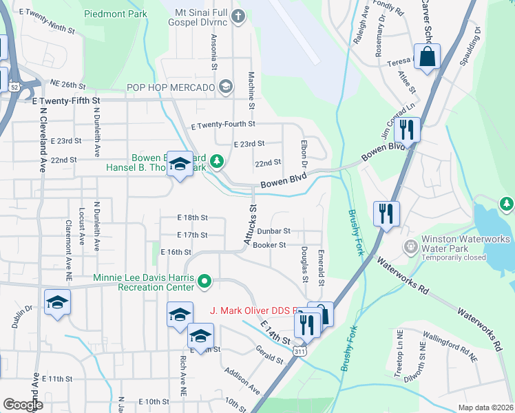 map of restaurants, bars, coffee shops, grocery stores, and more near 1633 Attucks Street in Winston-Salem