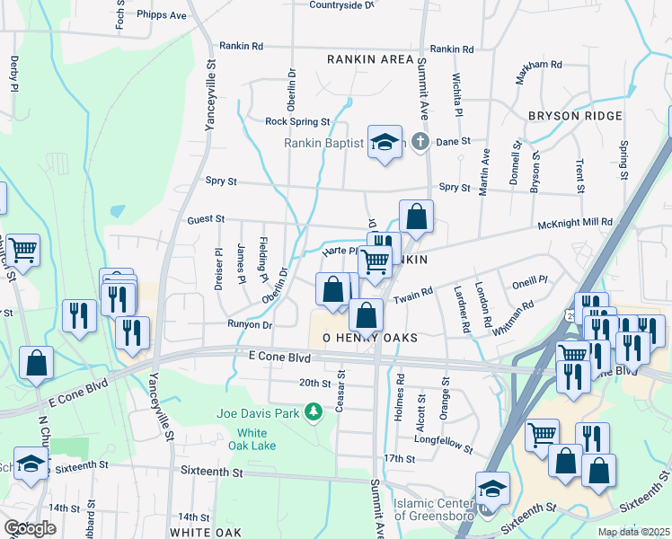 map of restaurants, bars, coffee shops, grocery stores, and more near 3208 Harte Place in Greensboro
