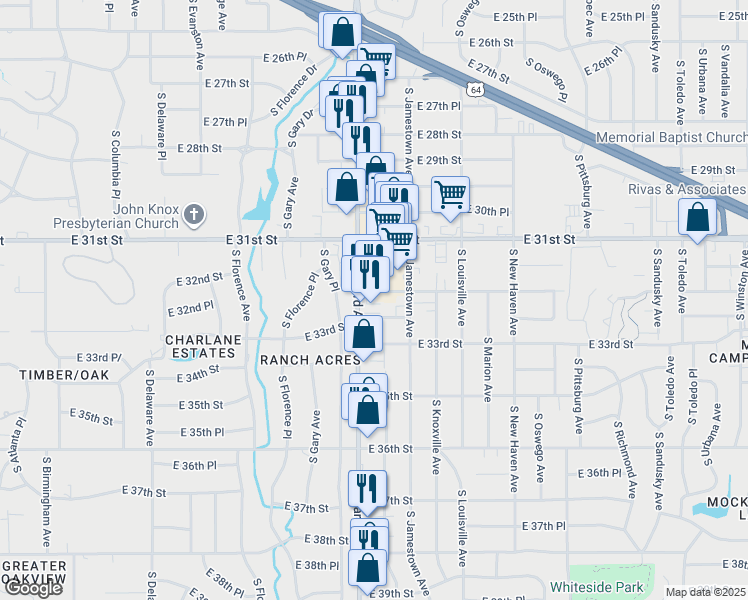 map of restaurants, bars, coffee shops, grocery stores, and more near 3147 South Harvard Avenue in Tulsa