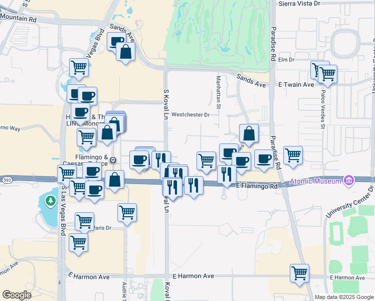 map of restaurants, bars, coffee shops, grocery stores, and more near 230 East Flamingo Road in Las Vegas