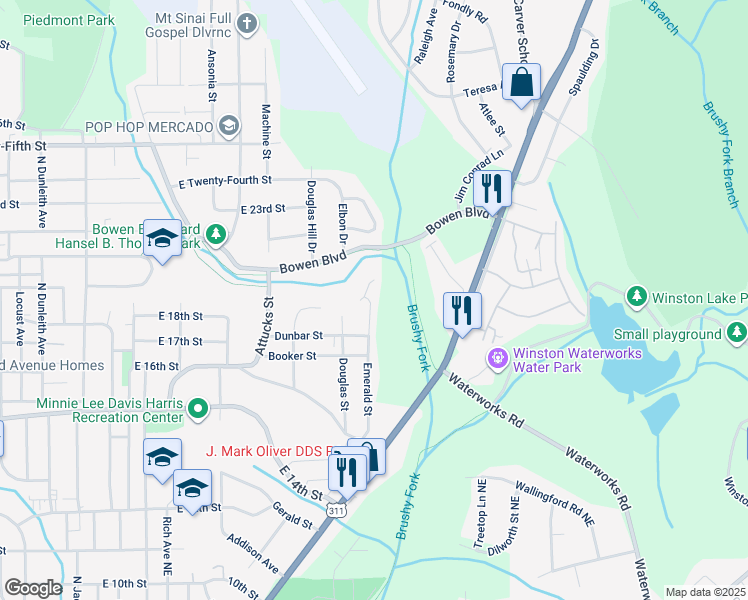 map of restaurants, bars, coffee shops, grocery stores, and more near 1633 Emerald Street in Winston-Salem