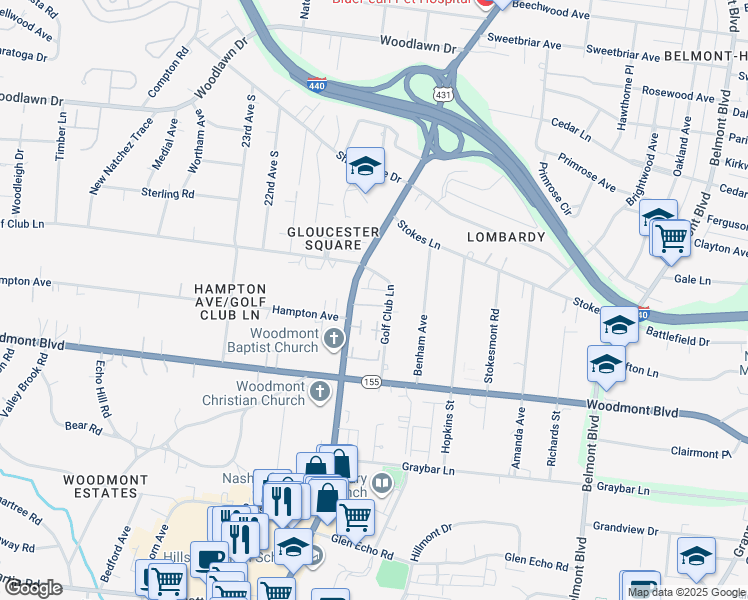 map of restaurants, bars, coffee shops, grocery stores, and more near 3343 Golf Club Lane in Nashville