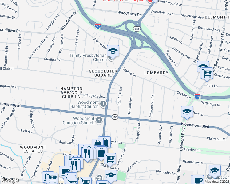 map of restaurants, bars, coffee shops, grocery stores, and more near 3343 Golf Club Lane in Nashville