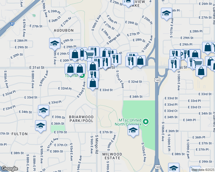 map of restaurants, bars, coffee shops, grocery stores, and more near 9735 East 33rd Street in Tulsa