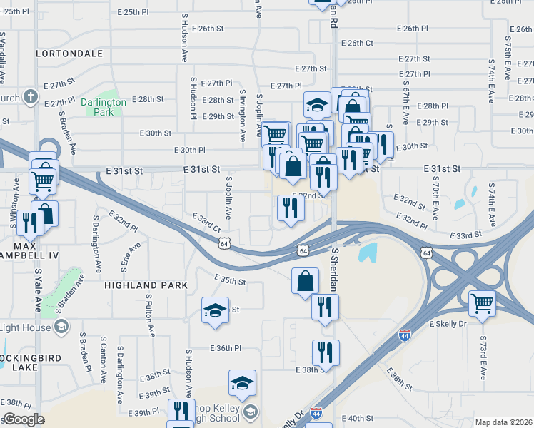 map of restaurants, bars, coffee shops, grocery stores, and more near 3224 South Lakewood Avenue in Tulsa