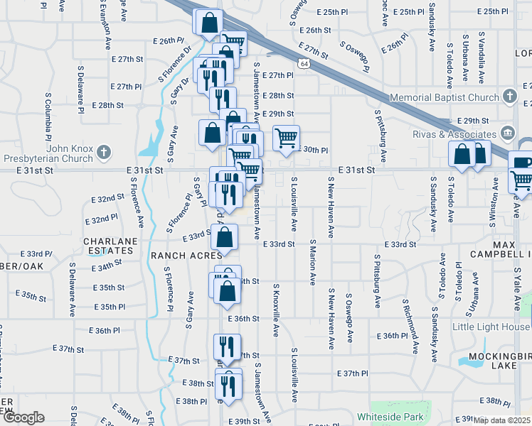 map of restaurants, bars, coffee shops, grocery stores, and more near 3203 South Knoxville Avenue in Tulsa
