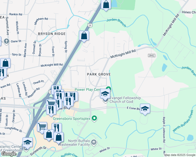 map of restaurants, bars, coffee shops, grocery stores, and more near 2114 Joseph McNeil Avenue in Greensboro