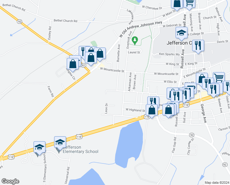 map of restaurants, bars, coffee shops, grocery stores, and more near 1021 West Jefferson Street in Jefferson City