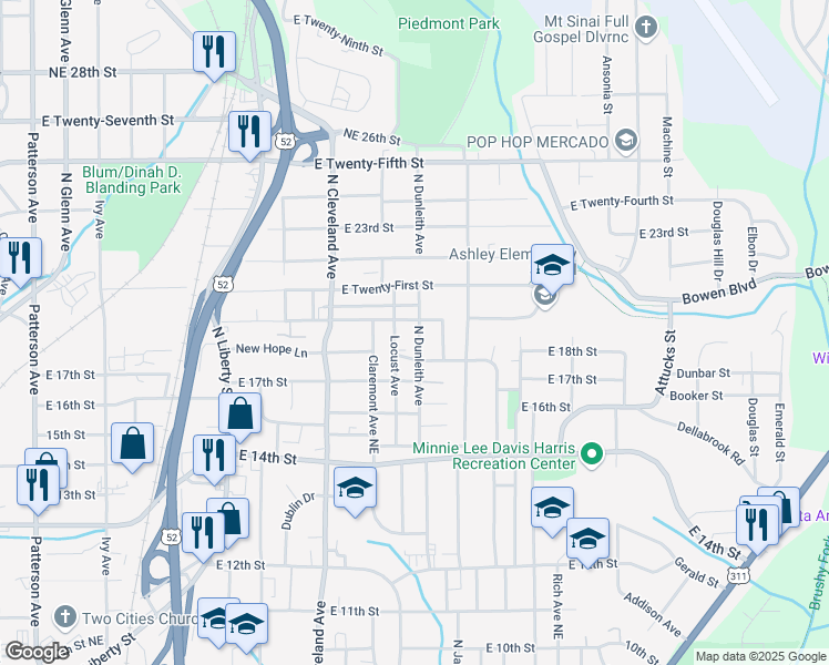 map of restaurants, bars, coffee shops, grocery stores, and more near 1822 North Dunleith Avenue in Winston-Salem