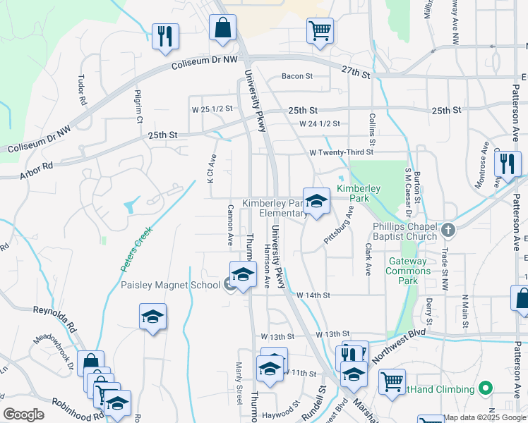 map of restaurants, bars, coffee shops, grocery stores, and more near 1724 Harrison Avenue in Winston-Salem
