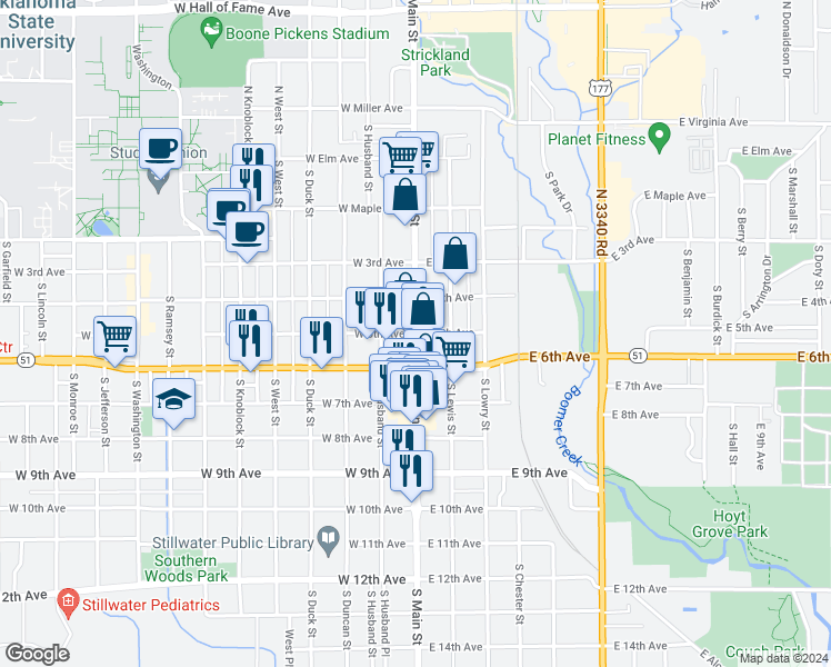 map of restaurants, bars, coffee shops, grocery stores, and more near 25 West 5th Avenue in Stillwater