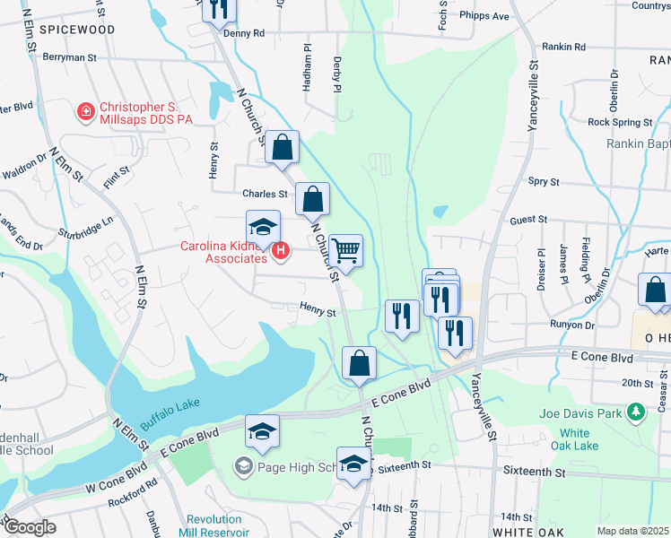 map of restaurants, bars, coffee shops, grocery stores, and more near 2802 North Church Street in Greensboro