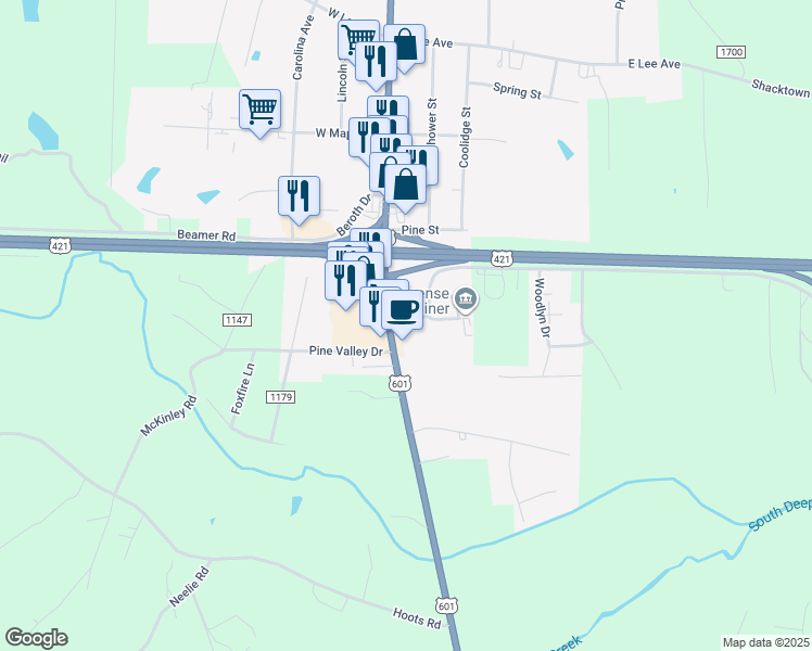 map of restaurants, bars, coffee shops, grocery stores, and more near 945 South State Street in Yadkinville