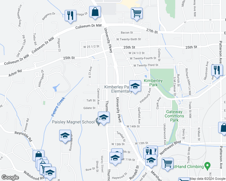 map of restaurants, bars, coffee shops, grocery stores, and more near 1724 Harrison Avenue in Winston-Salem