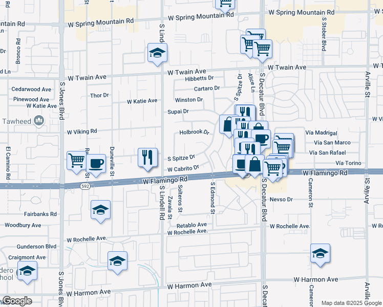 map of restaurants, bars, coffee shops, grocery stores, and more near 4045 South Spitze Drive in Las Vegas