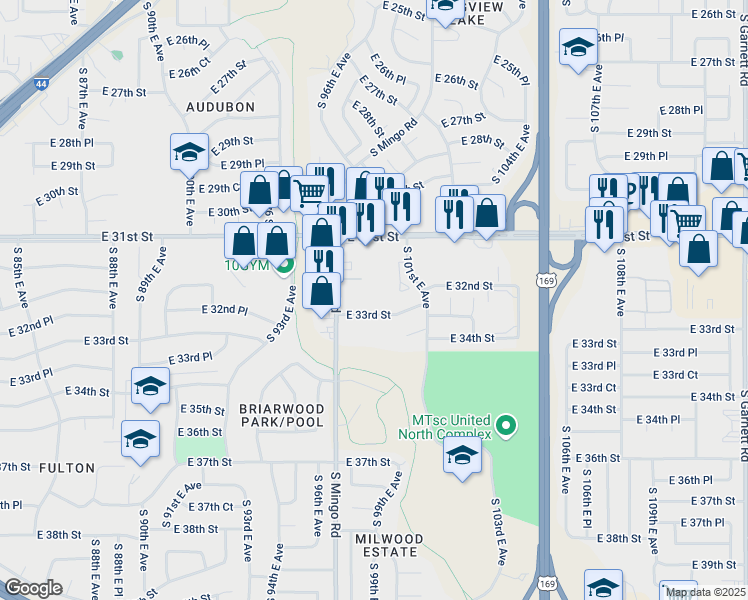map of restaurants, bars, coffee shops, grocery stores, and more near 9735 East 33rd Street in Tulsa
