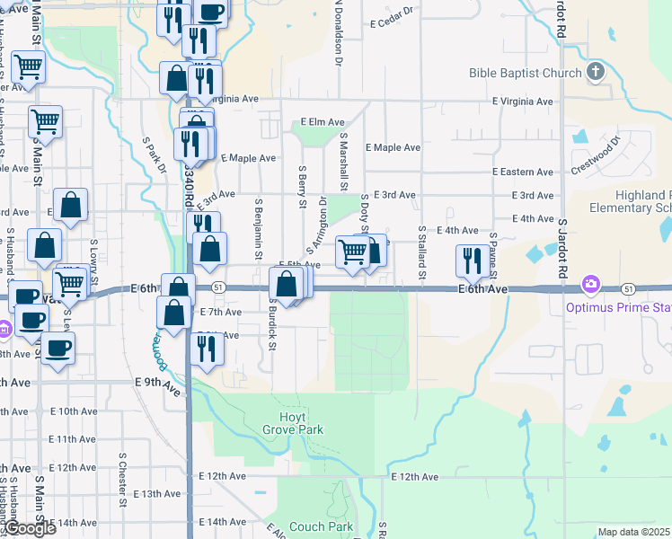 map of restaurants, bars, coffee shops, grocery stores, and more near 1115 East 5th Avenue in Stillwater