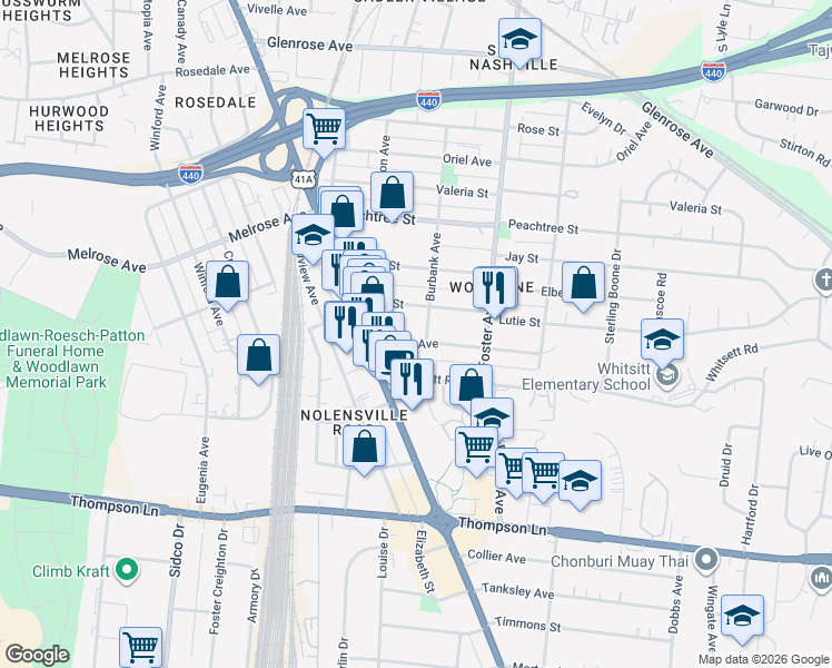 map of restaurants, bars, coffee shops, grocery stores, and more near 306 Joyner Avenue in Nashville